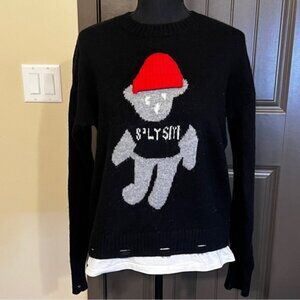 HANDMADE Black Distressed Sweater with Bear, Size Large